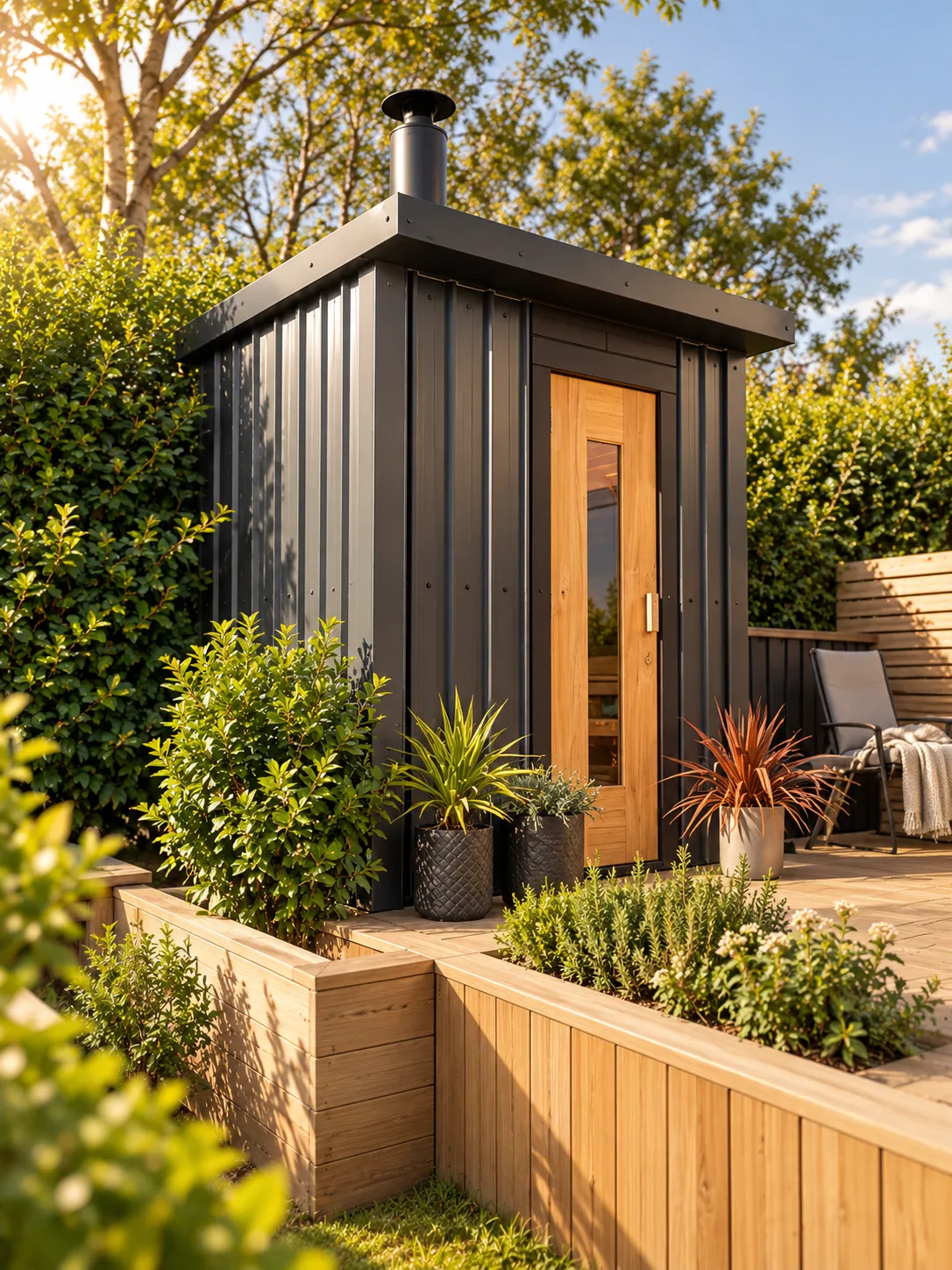 A handbuilt wood-burning sauna in a planted garden